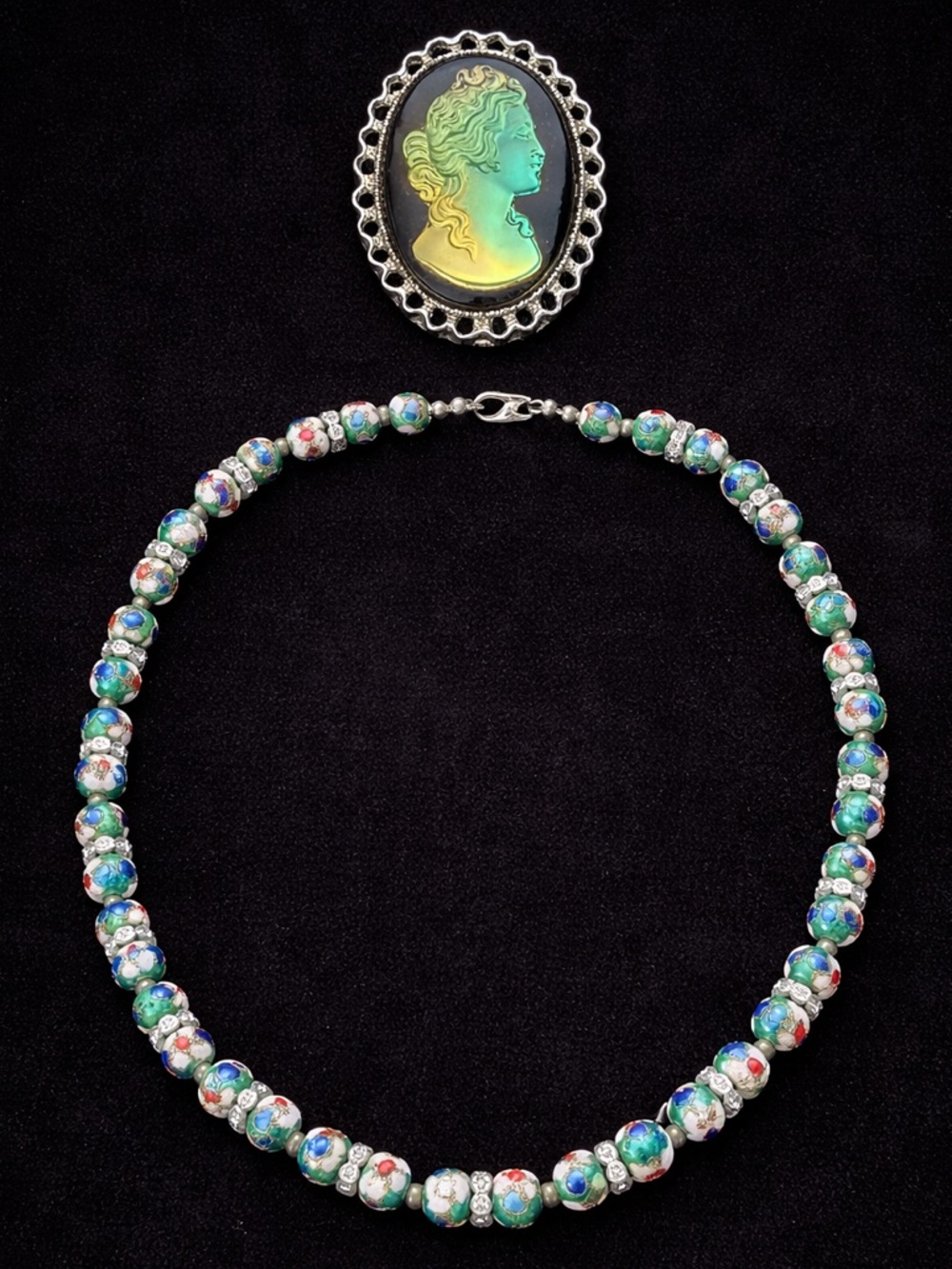 Vintage Cloisonné Necklace + Iridescent Cameo Brooch Set